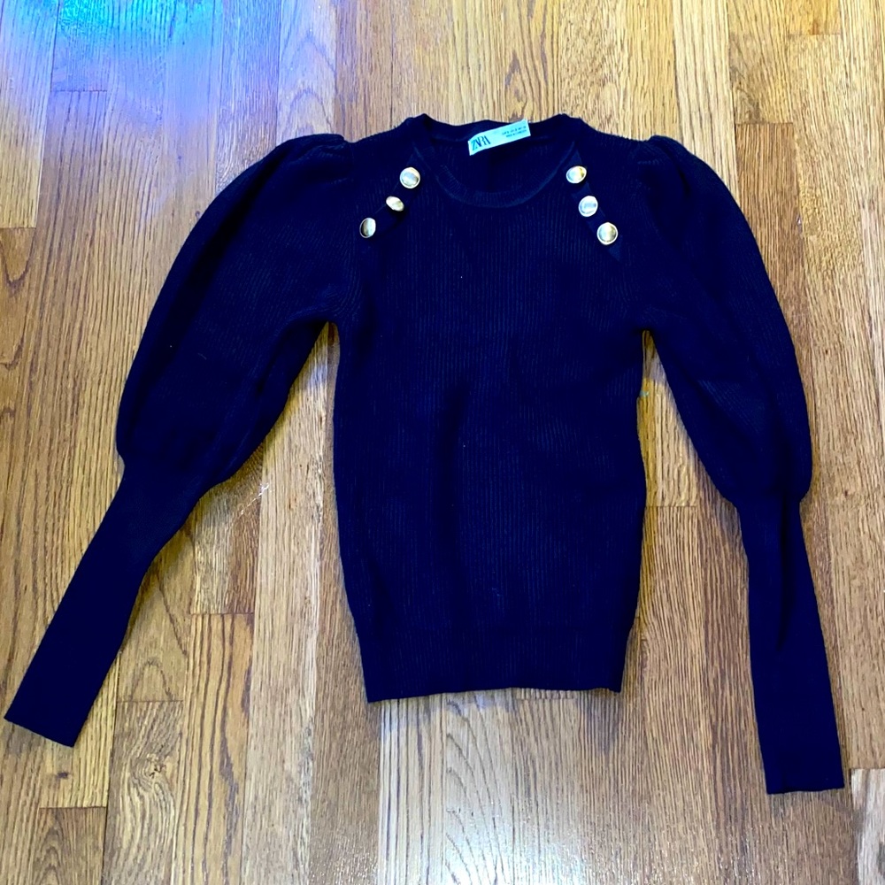 Zara navy gold button puff sleeve sweater